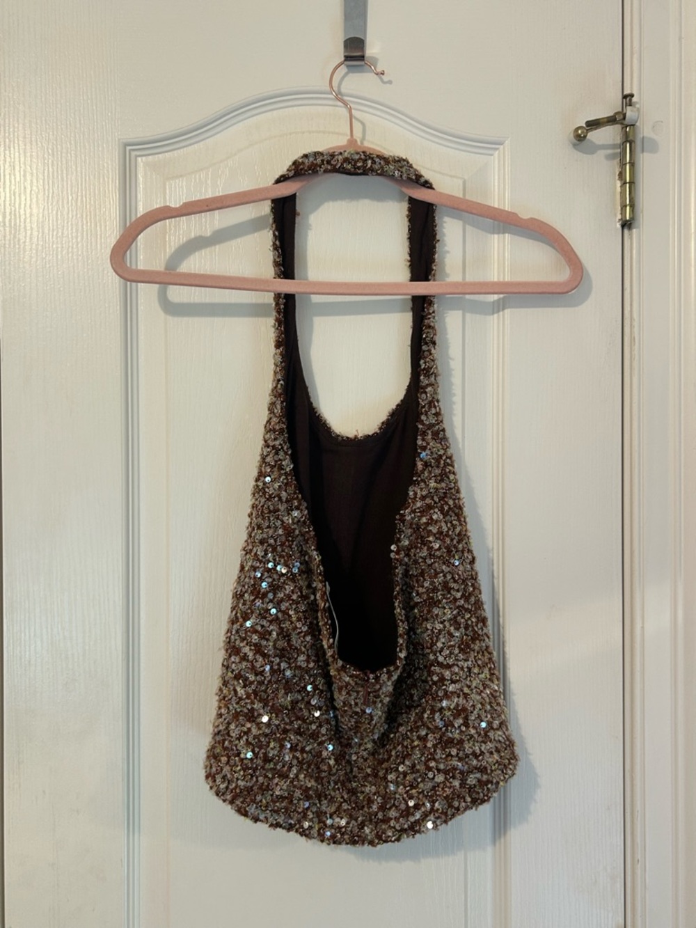 Siedres Juli Fitted Sequin Halter Tank Top in Brown - Picture 2 of 4